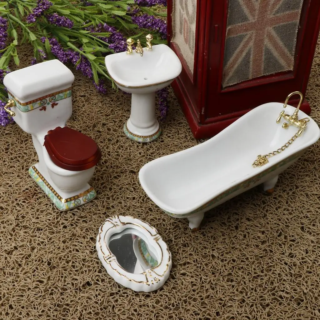 

1:12 Scale Dollhouse 4 Sets - Bathtub, Toilet, Sink and Mirror, Dollhouse Accessories (Bathroom)