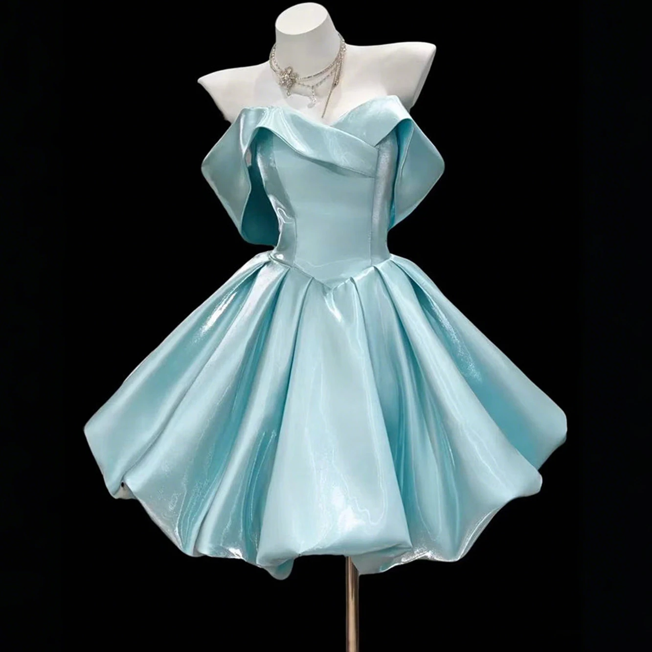 

Luxury Satin Off the Shoulder Evening Dress Mini Sweetheart Ruffles Basque Waist Princess Ball Gown Party Dress Customized