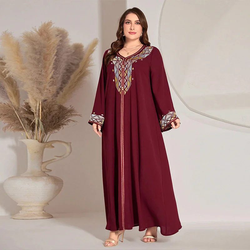 KYP867 Classic Fashion Ice Silk Wrinkle Large Size Dress Embroidered Loose Casual Dress