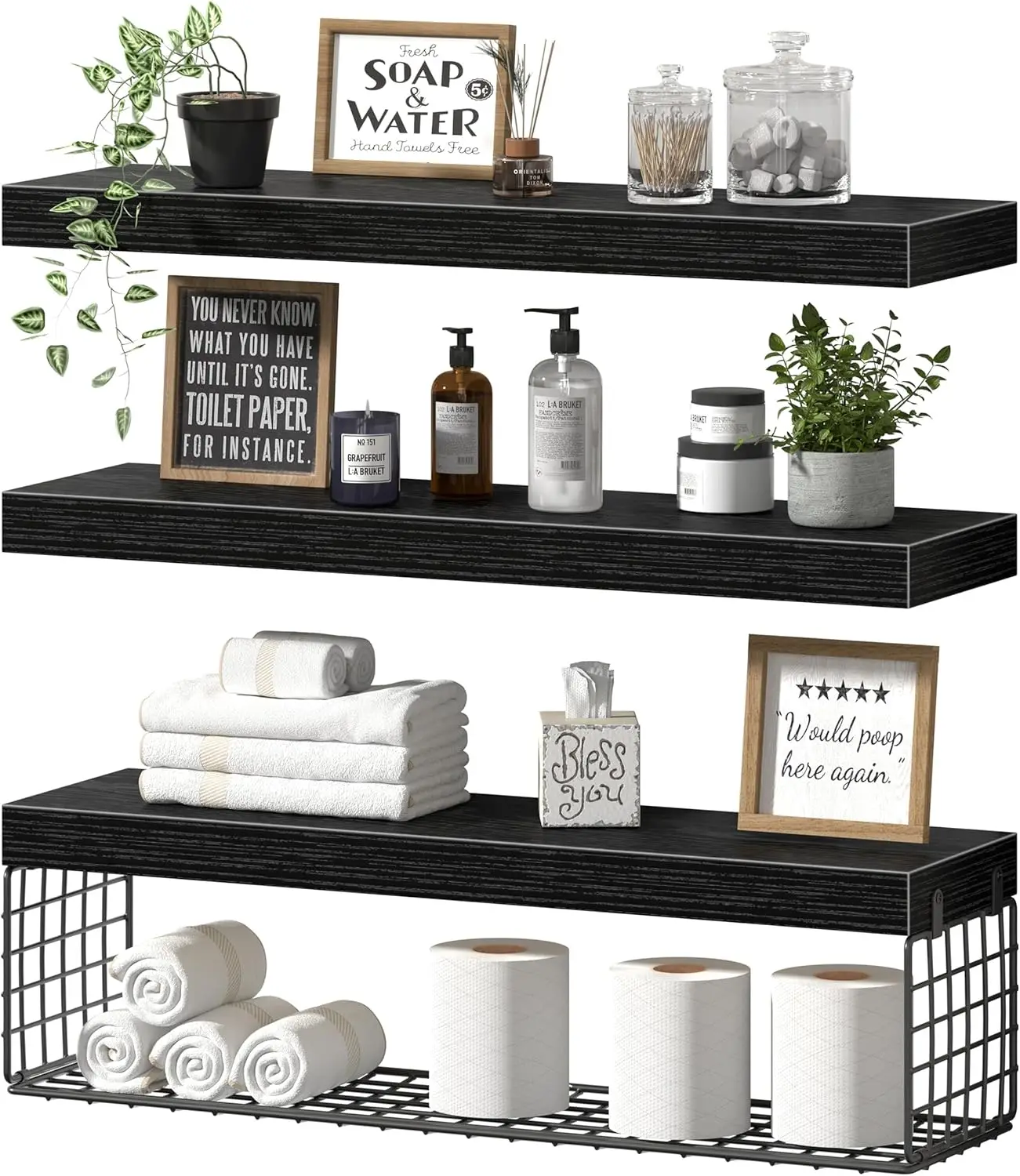 

24-Inch Floating Bathroom Shelves Set of 3, Black - Wall-Mounted Over Toilet Storage for Farmhouse Style