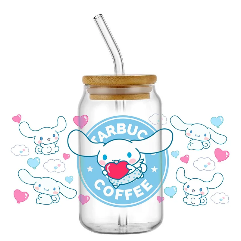 Miniso bonito bebê cinnamoroll 28 pçs padrão 3d dos desenhos animados uv dtf transferência adesivo decalques à prova dwaterproof água para 16oz copo de vidro envoltório adesivos