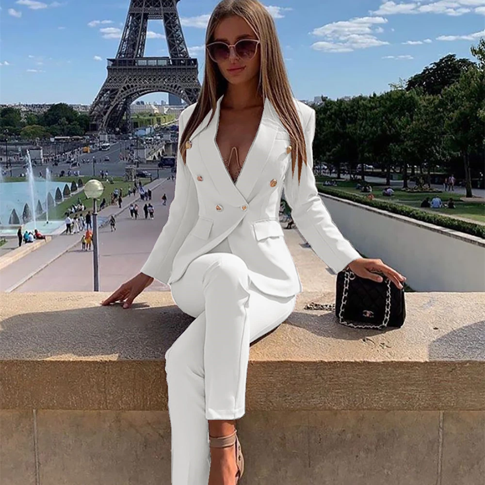 

Elegant Ladies Women's Pantsuit White Pink Business Classic Double-breasted Buttons Blazer Pants Set Two Piece Formal Suits 2023