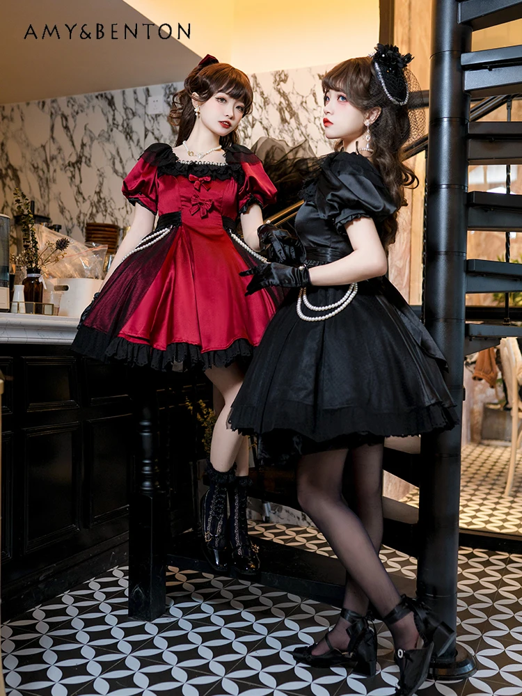 Estilo de fada op elegante cla original lolita vestido doce temperamento puff mangas pérola pingente high-end cetim magro vestidos inchados