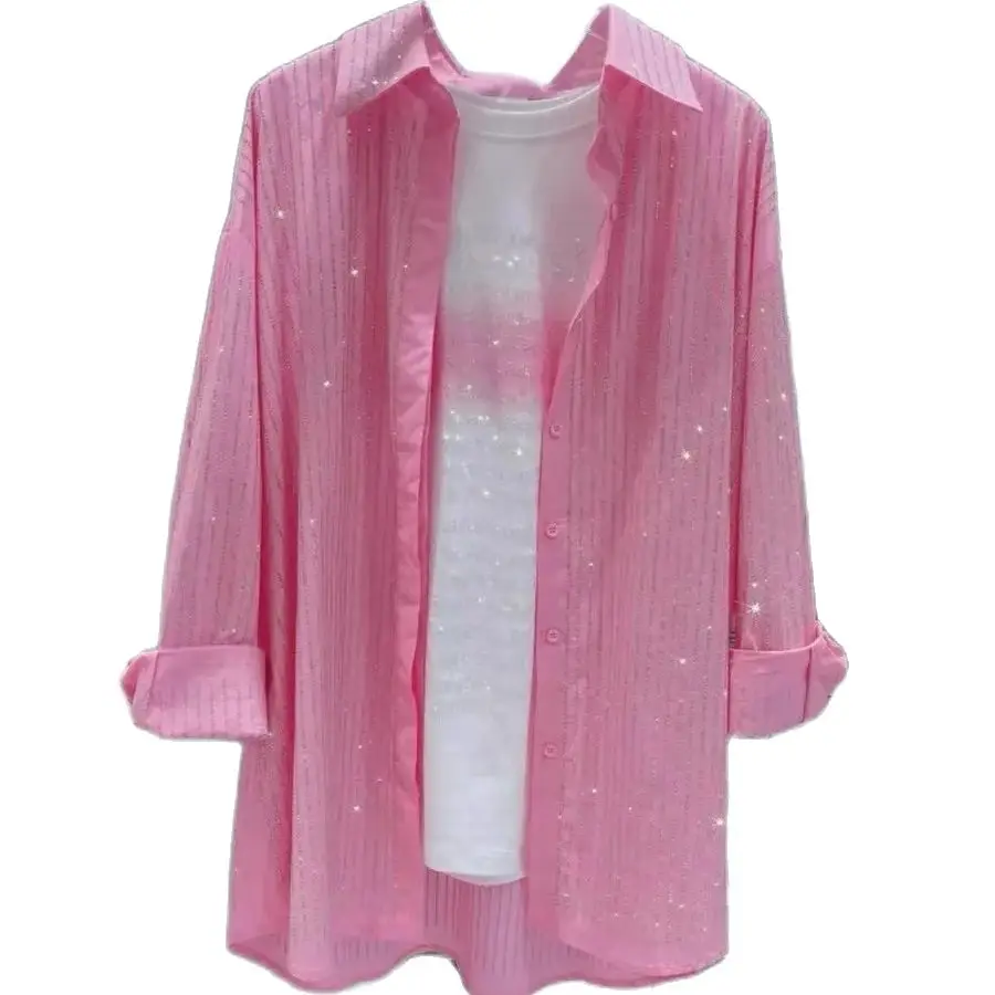 Blingbling Diamonds Hot Drilling Vertical Stripes Loose Casual Pink Shirts and Blouses For Women\'s Long Sleeve Top Blusas