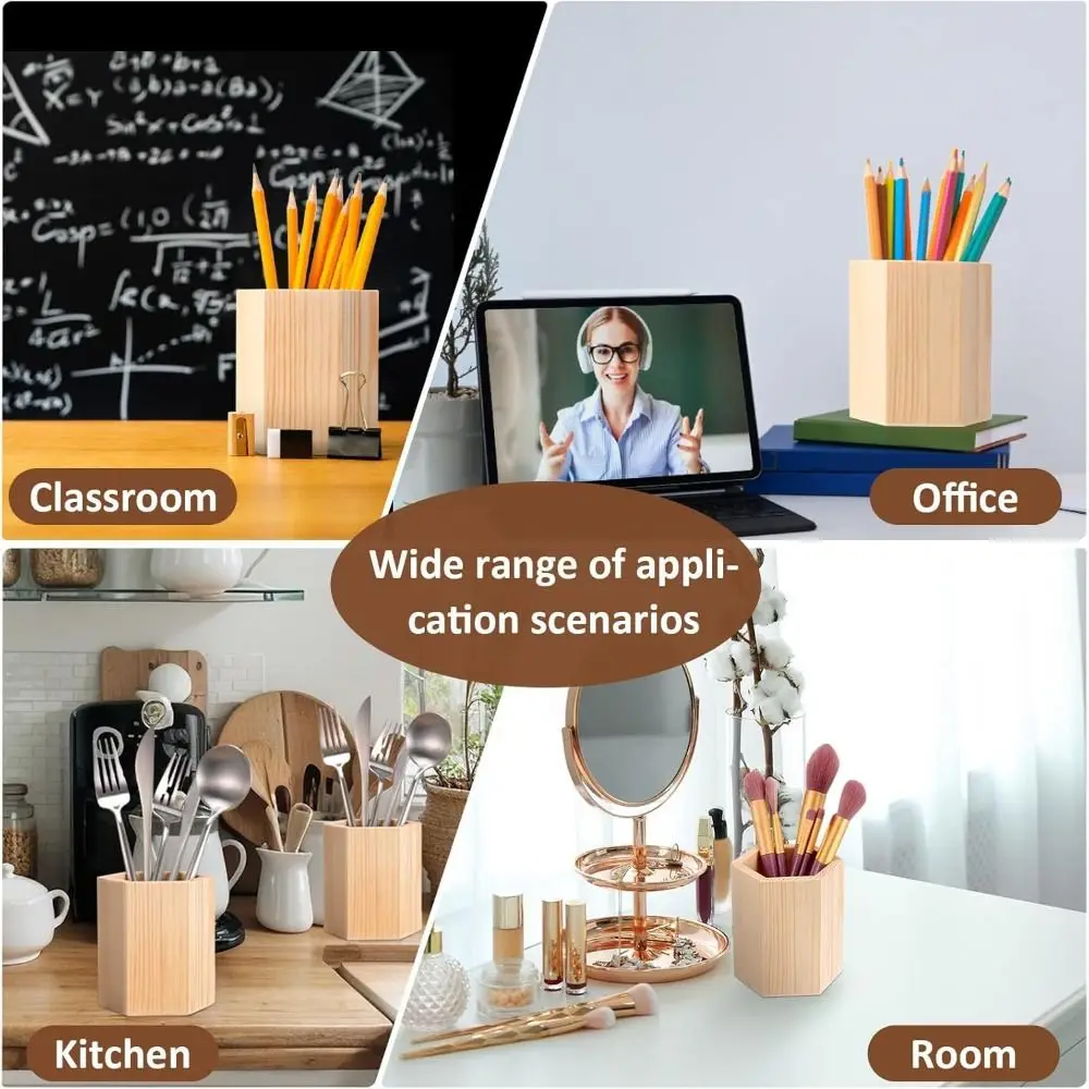 Multi-functional Wooden Pen Holder DIY Painting Round/Hexagonal/Square Makeup Brush Holder Desktop Organizer Students