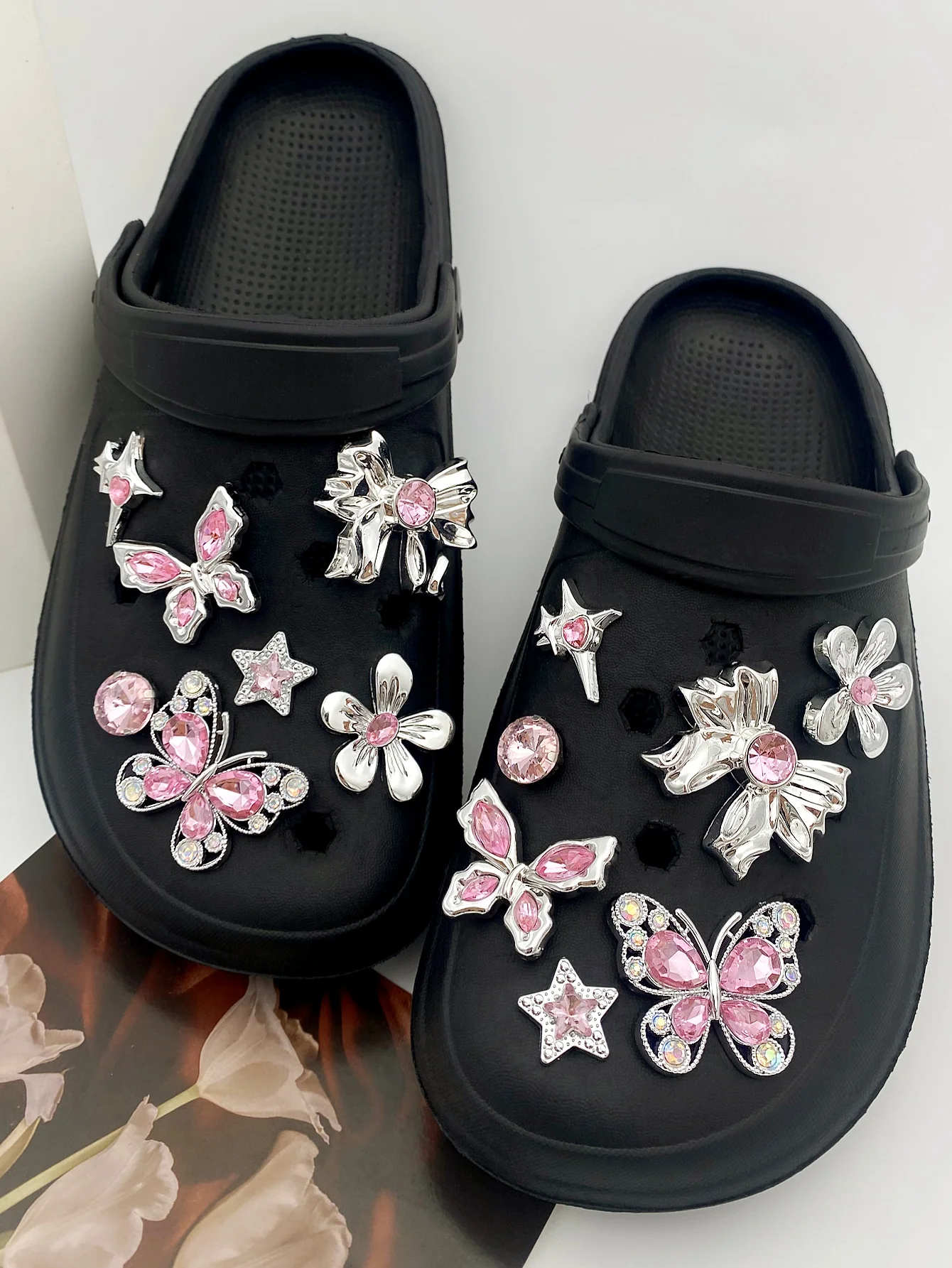 14 pieces of pink ABS diamond butterfly, flower, star, bow, five-pointed star shoe buckles, DIY decorations, multi-functional sh