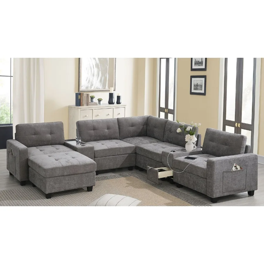 

[Video]104'' Sectional Sofa with Acrylic Table Top Chenille U Shaped Couch Set with 2 Consoles USB Charger Storage Drawers and