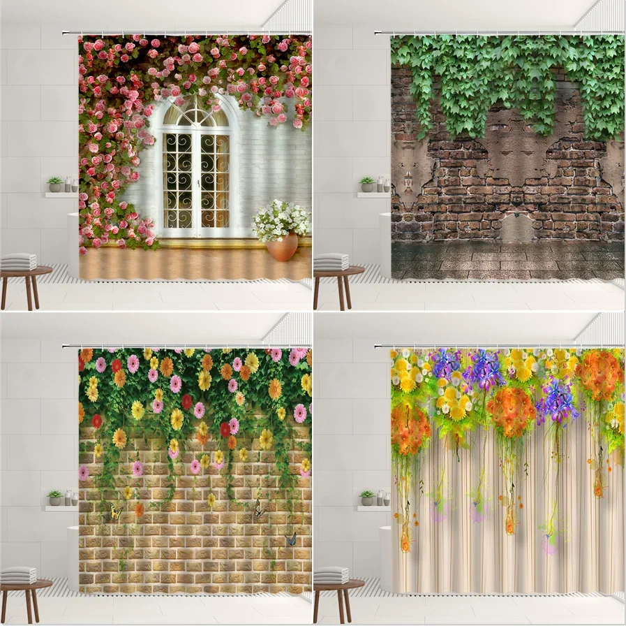 Flower Wall Shower Curtain Retro Broken Brick Wall Old Windows Plant Green Vine Garden Courtyard Decor Cloth Bathroom Screen Set