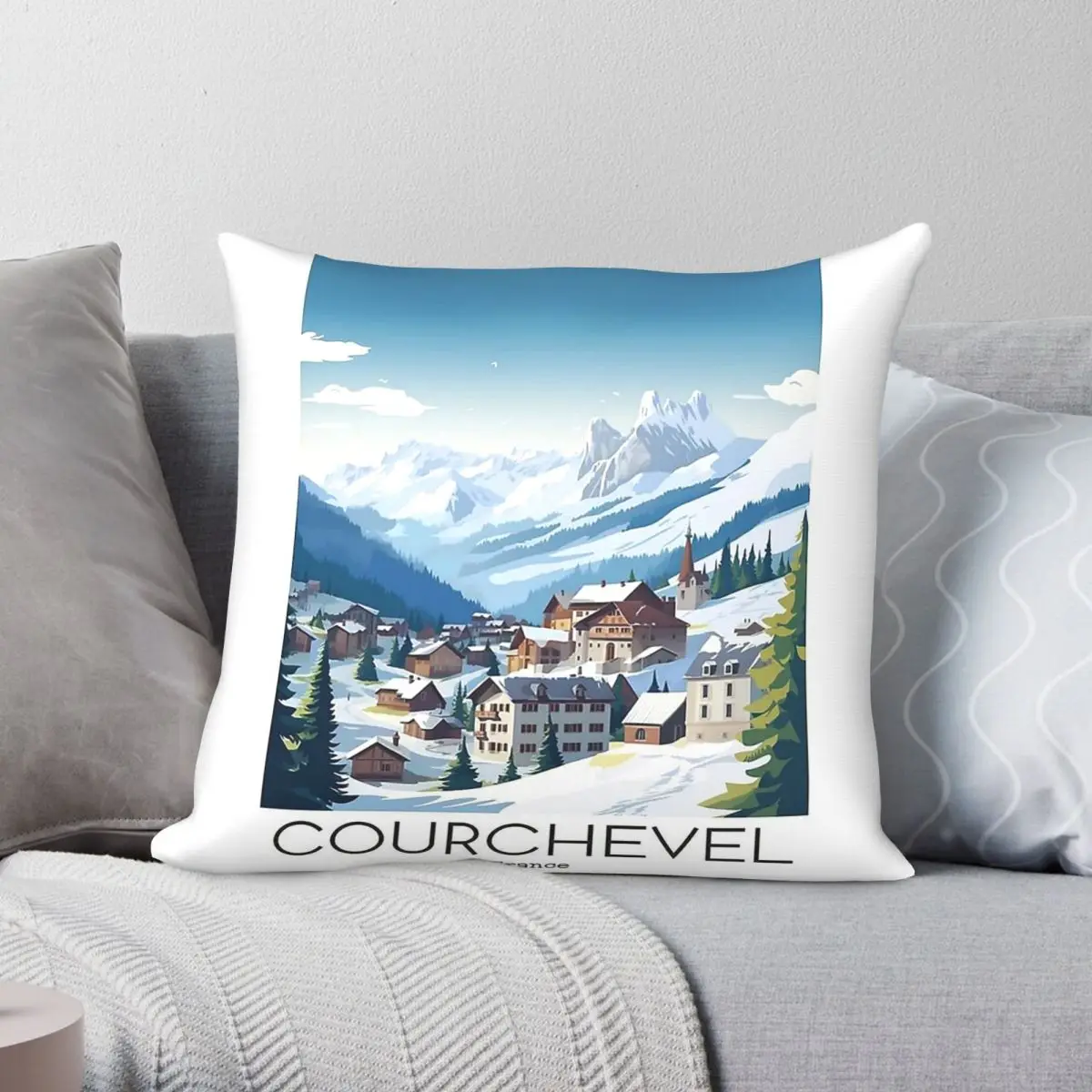 Vintage Travel Courchevel France Quadratischer Kissenbezug aus Polyester, Leinen, Samt, bedruckt, dekorativer Kissenbezug für Zuhause, 18 Zoll
