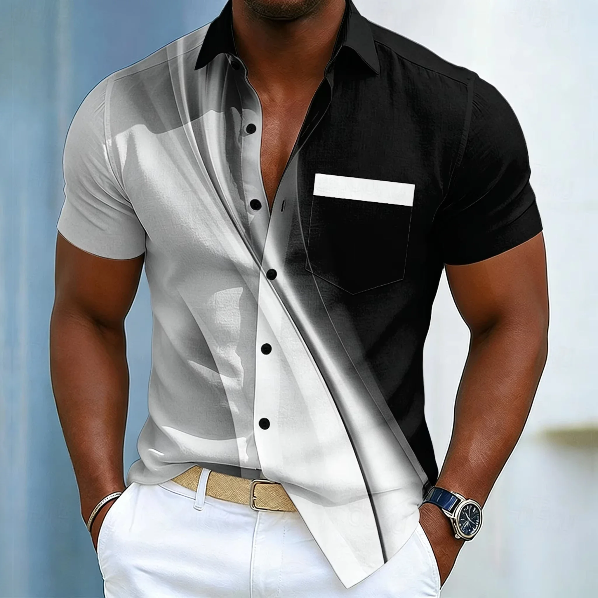 Men's Gradient Patchwork Short-Sleeve Shirt Color-Blocked Pocket Collar Shirt Trendy Casual Summer Men's Top