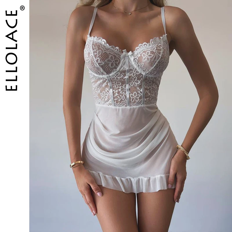 Ellolace فستان مثير الساخن غير المتكافئة بدوار فستان الجنس شبكة المرأة الصيف 2 قطعة Hilitos رومانسية انظر من خلال ملابس نوم الزفاف