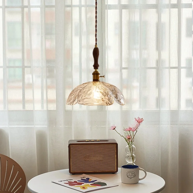 IWHD fleur abat-jour pendentif LED luminaires café Bar Loft salle à manger salon français Vintage cuivre bois suspension