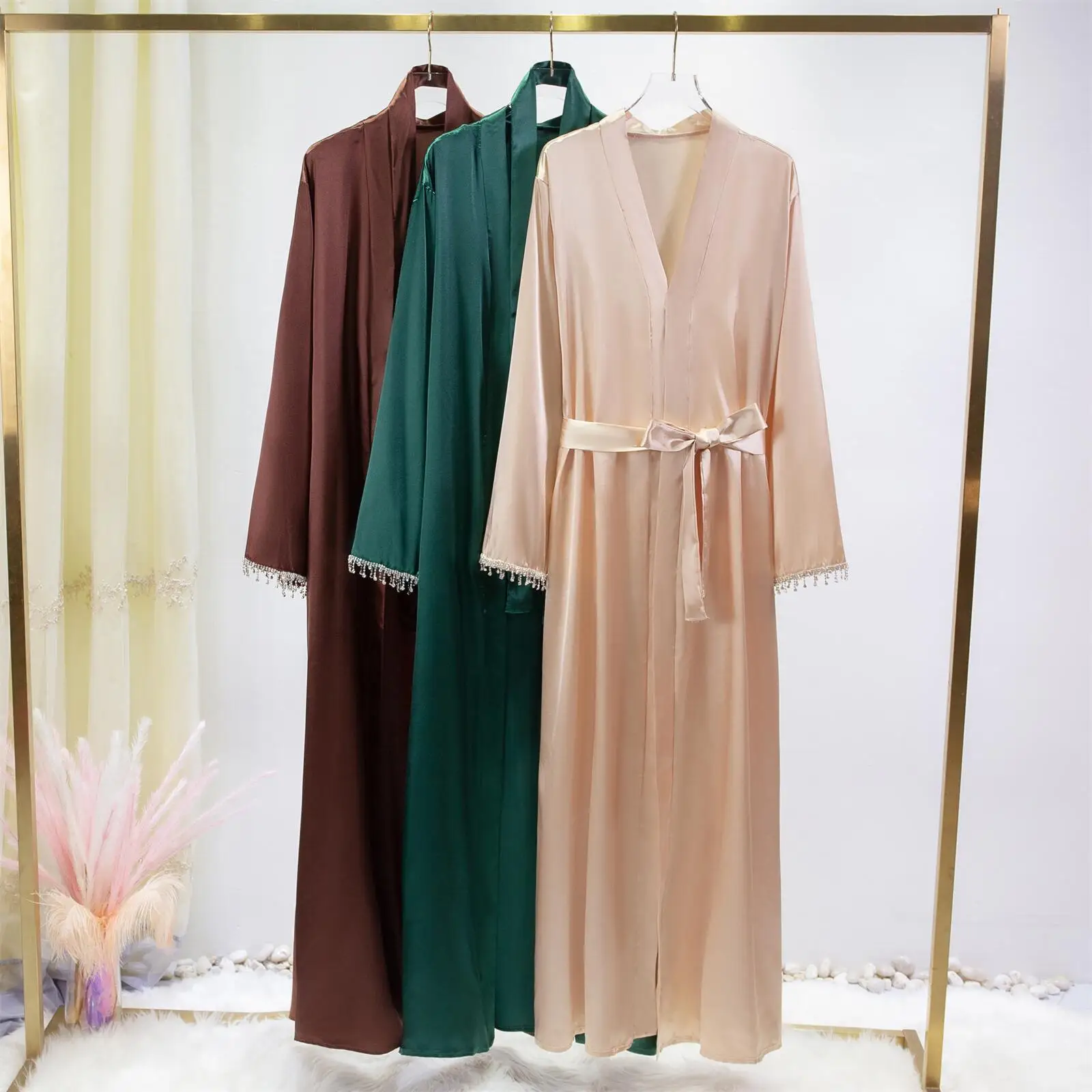 Ramadán borla Kimono Abaya abierto mujeres vestido musulmán Eid Djellaba Jalabiya Cardigan Dubai Kaftan bata árabe vestido islámico Kebaya