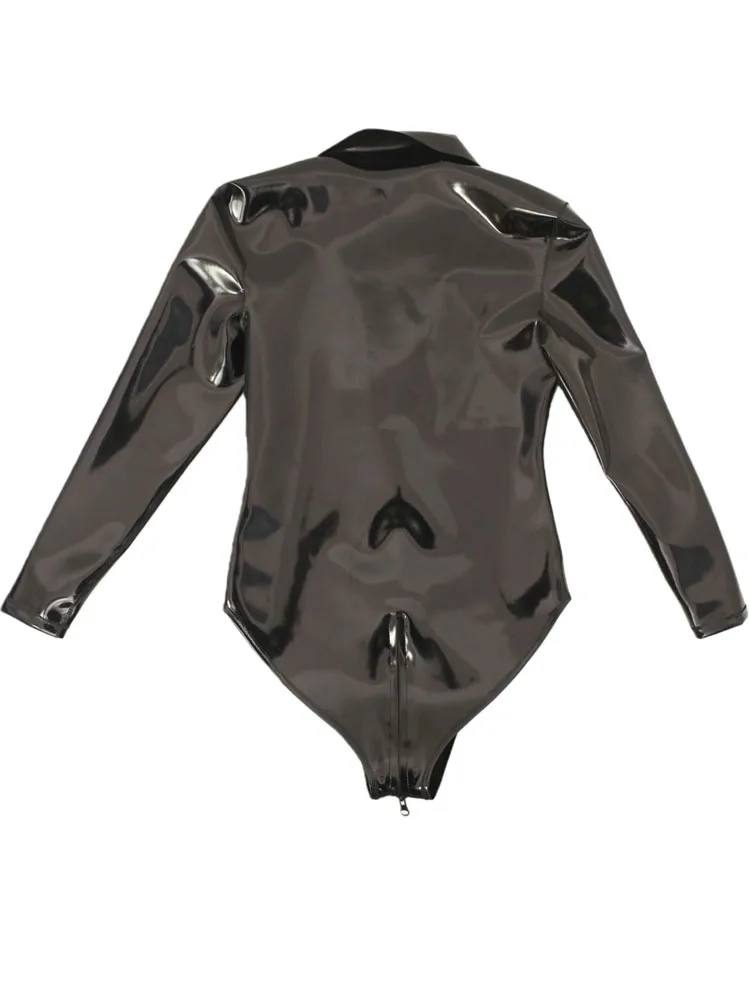 S-4XL Double Sided PU Leather Long Sleeve Tshirt Leotard Wet Look PVC Zipper Open Crotch Bodysuit Tights Body Teddies Leotard