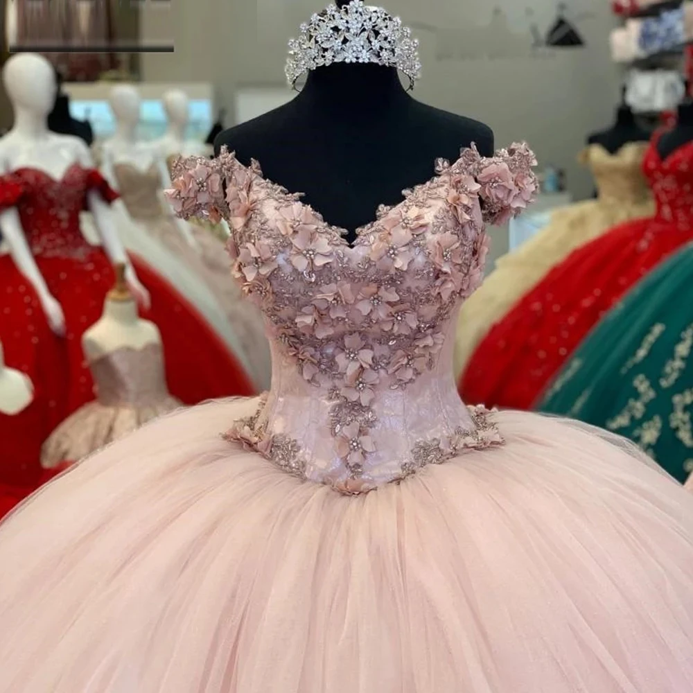 ANGELSBRIDEP فساتين سندريلا Quinceanera لـ 15 حفلة خارج الكتف ثلاثية الأبعاد زهرة يدوية الصنع فستان عيد ميلاد طويل مخصص