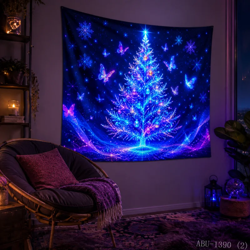 VIKAMA Starlight Christmas Tree Butterfly Snowflake Christmas Tapestry Background Hanging Cloth Living Room Decoration