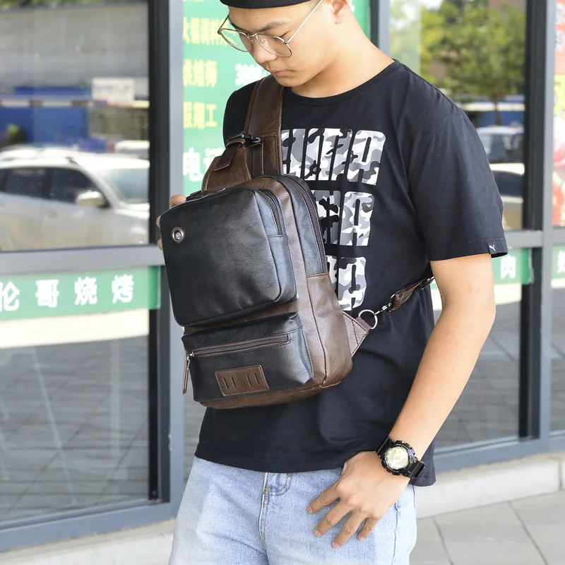 Large Capacity Leather Men's Chest Bag Vintage Shoulder Bag Casual Male Crossbody Messenger Bag Fashion Sling Bag