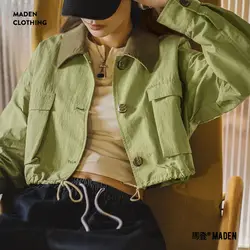 Maden Vintage Green Multi-Pocket Corduroy Patchwork Notch Lapel Jacket Women's Casual Single Breasted Drawstring Safari Coat