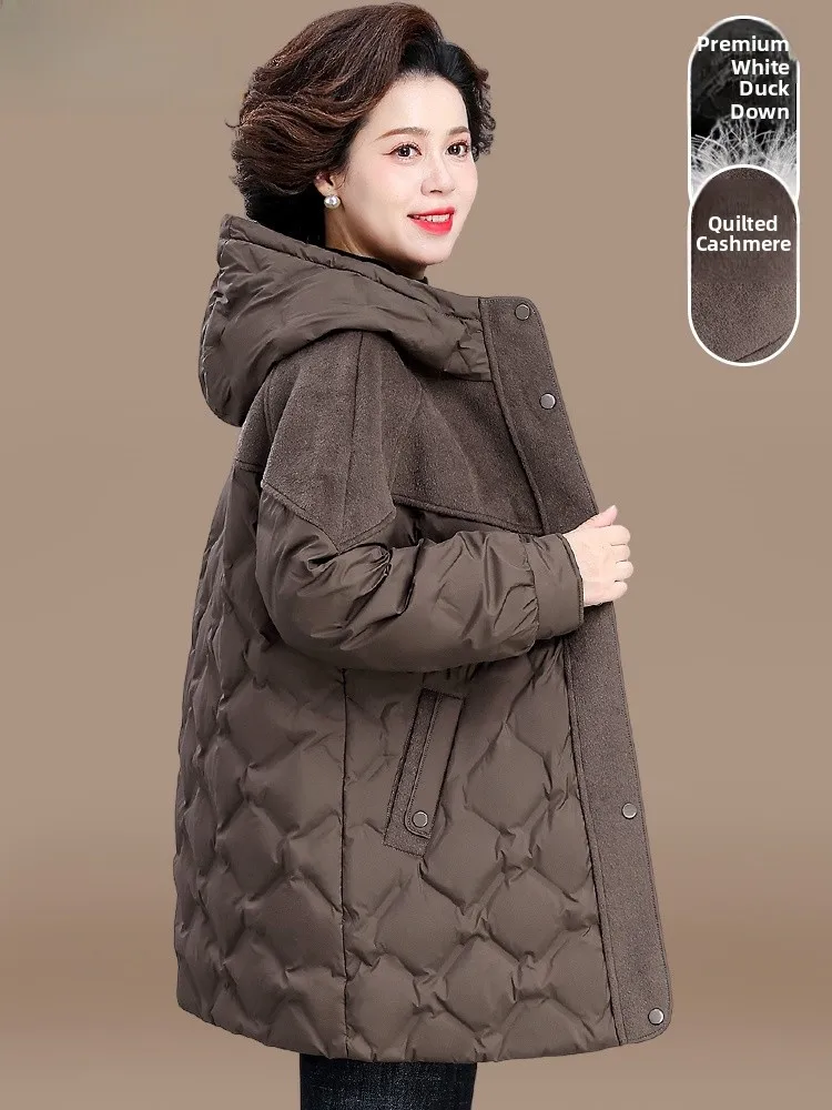 

Thiened Woolen Patchwork down Jaet for Mom Winter Faionable Loose Sle Polyester Fiber Warm Cotton Coat Zipper Closure