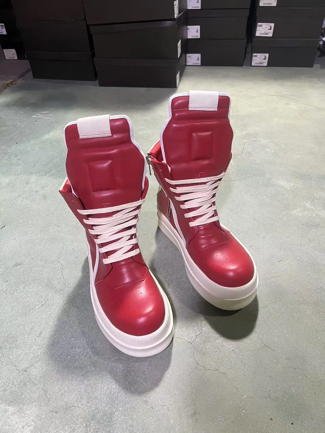 Rick Luxury Designer High Top Thick Soled Of 6 Cm Geobasket Owens Genuine Red Leather Platform Shoes Men Owens Ankle Boot Women