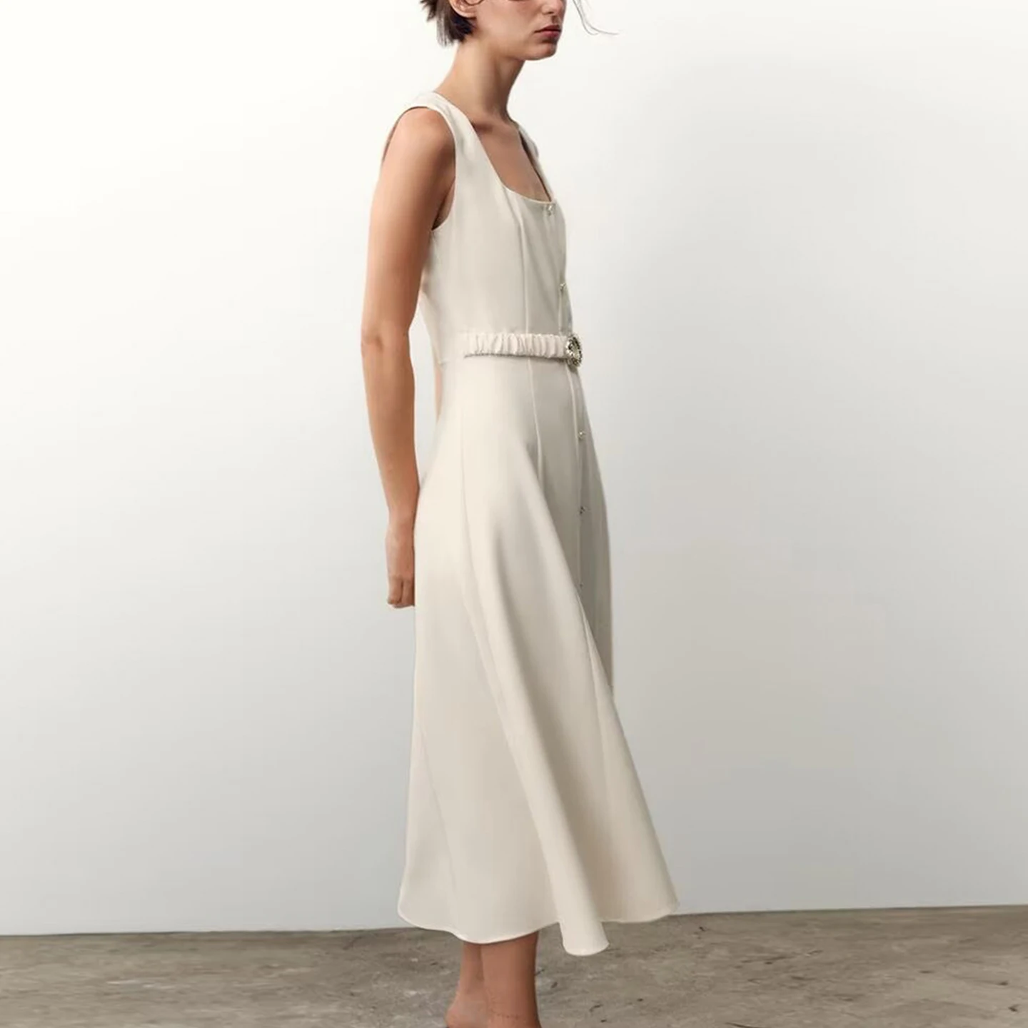 Zomer 2022 Nieuwe Dames Midi Dr Met Riem Vierkante Kraag Strapl Polyester Hoge Taille A-lijn Rok Dagelijks Woon-werkverkeer Dr