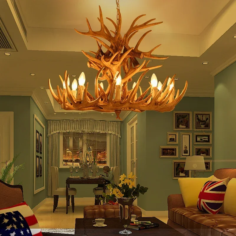 Vintage Deer Chandelier Lighting Retro Antler Hanging Lamp for Living Room Church Lustres Luminaria Resin Deer Horn Hanging Lamp
