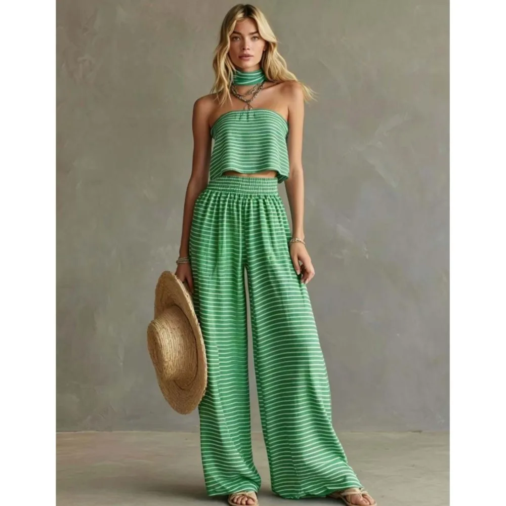 

Women Fashion Sexy Chest-wrapped Ultra-short Tops Trousers 2piece Summer New Printed Striped Loose Wide-leg Trousers Female Suit