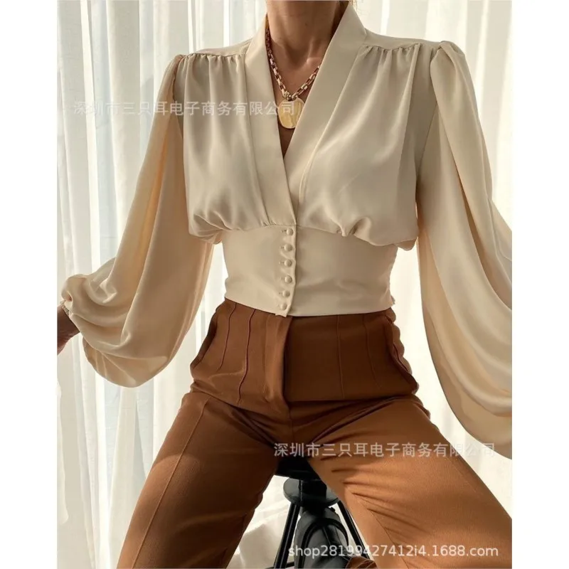 Vrouwen V-hals Slanke Knopen Kort Shirt Strakke Krimpbare Manchetten Cropped Shirt Lantaarn Lange Mouw Chique Blouse Kantoor Dame Kleding