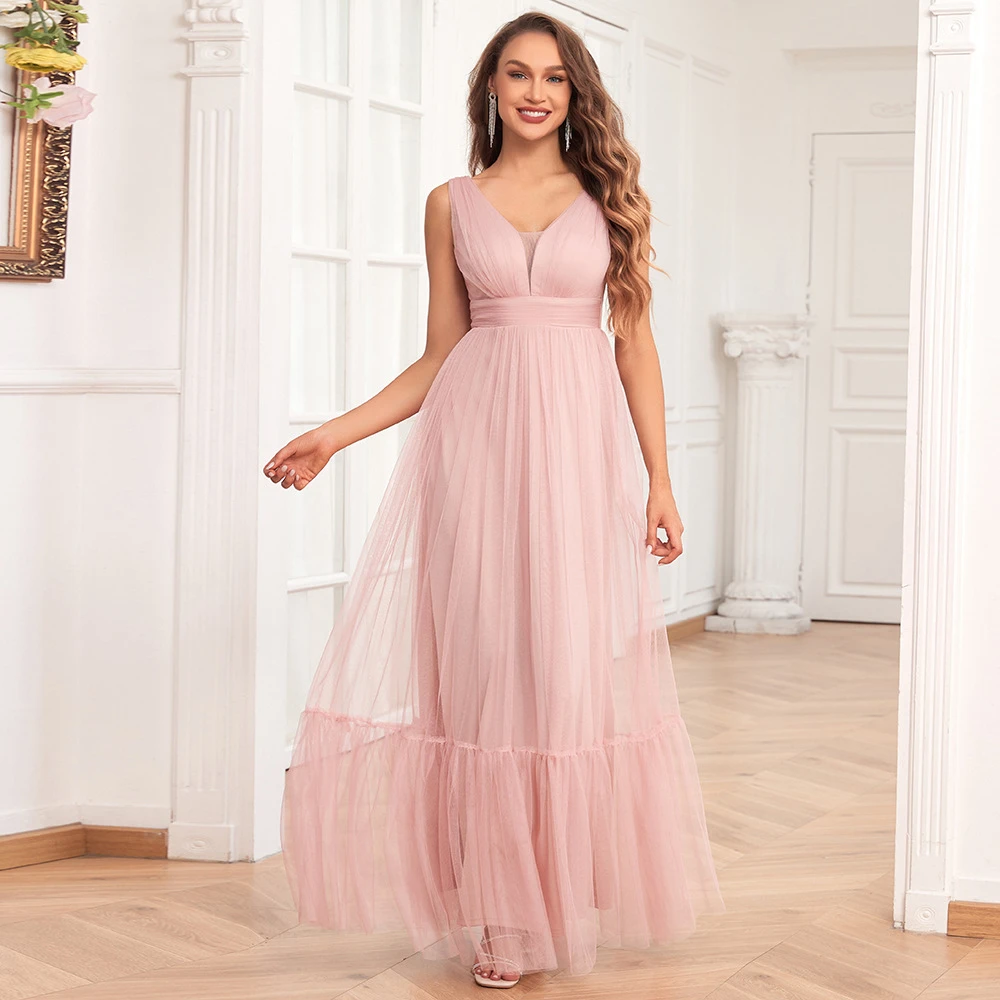 2023 Long Lovely Pink Evening Dress A Line V Neck Tulle Women Party Gowns Wholesale Robe De Soiree