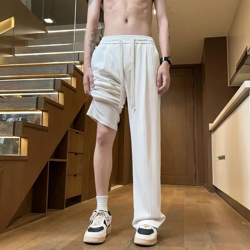 2025 New Summer Thin Ice Silk Men's Casual Quick-drying Trousers Loose Straight-drum Pants