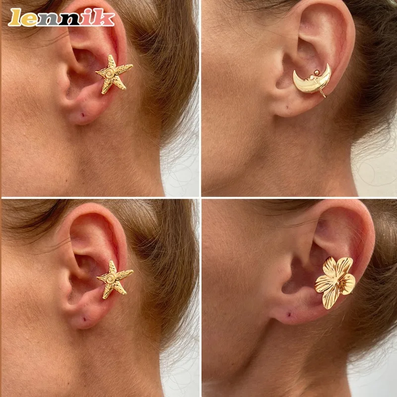 Starfish Earrings , Flower & Moon Alloy Set , Clip-On No Piercing Design , Holiday Resort Style , European Fashion for Women