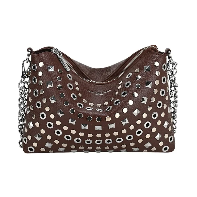 Europäische und amerikanische Schultertasche mit Nietenkette, Damenmode, cooler Street-Style, Umhängetasche, große Kapazität, Pendler-Handtasche – Detail 12