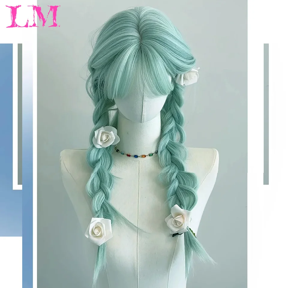 LM Green Synthetic Hair Color Long Straight Wigs with Bangs Natural Green Colored Synthetic Hair No Lace Wigs for Women