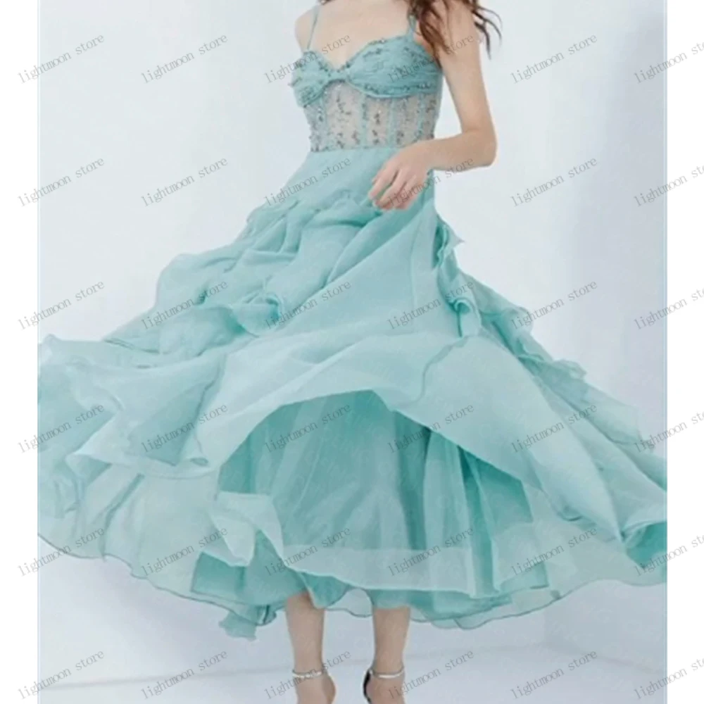 

Glamorous Illusion Evening Dresses Pretty Cocktail Gowns Tulle Ruffles Tea-Length Robes Formal Party Spaghetti Straps Prom Dress