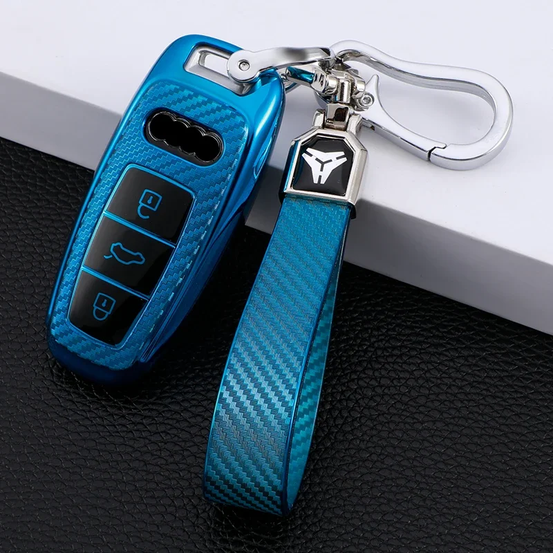 TPU Carbon Fiber Car Key Holder Case Keys Protection Cover for Audi A6 A6L A7 A8 Q8 E-tron C8 D5 2019 2020 2021 2022 Accessories