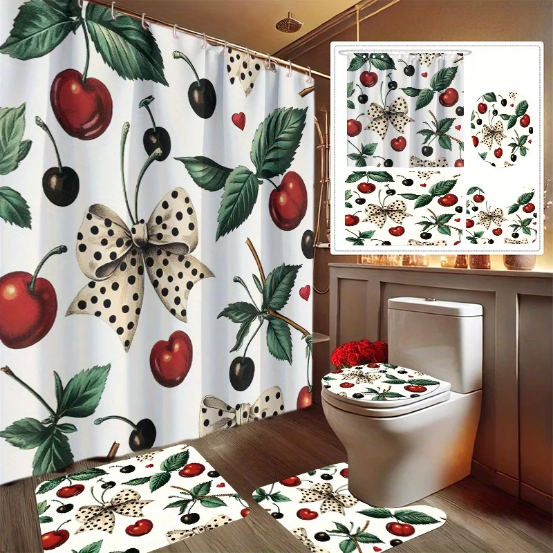 

4pcs Valentine's Day Cherry Print Shower Curtain Set, includes shower curtain, non-slip mat, toilet lid cover, bath mat, and