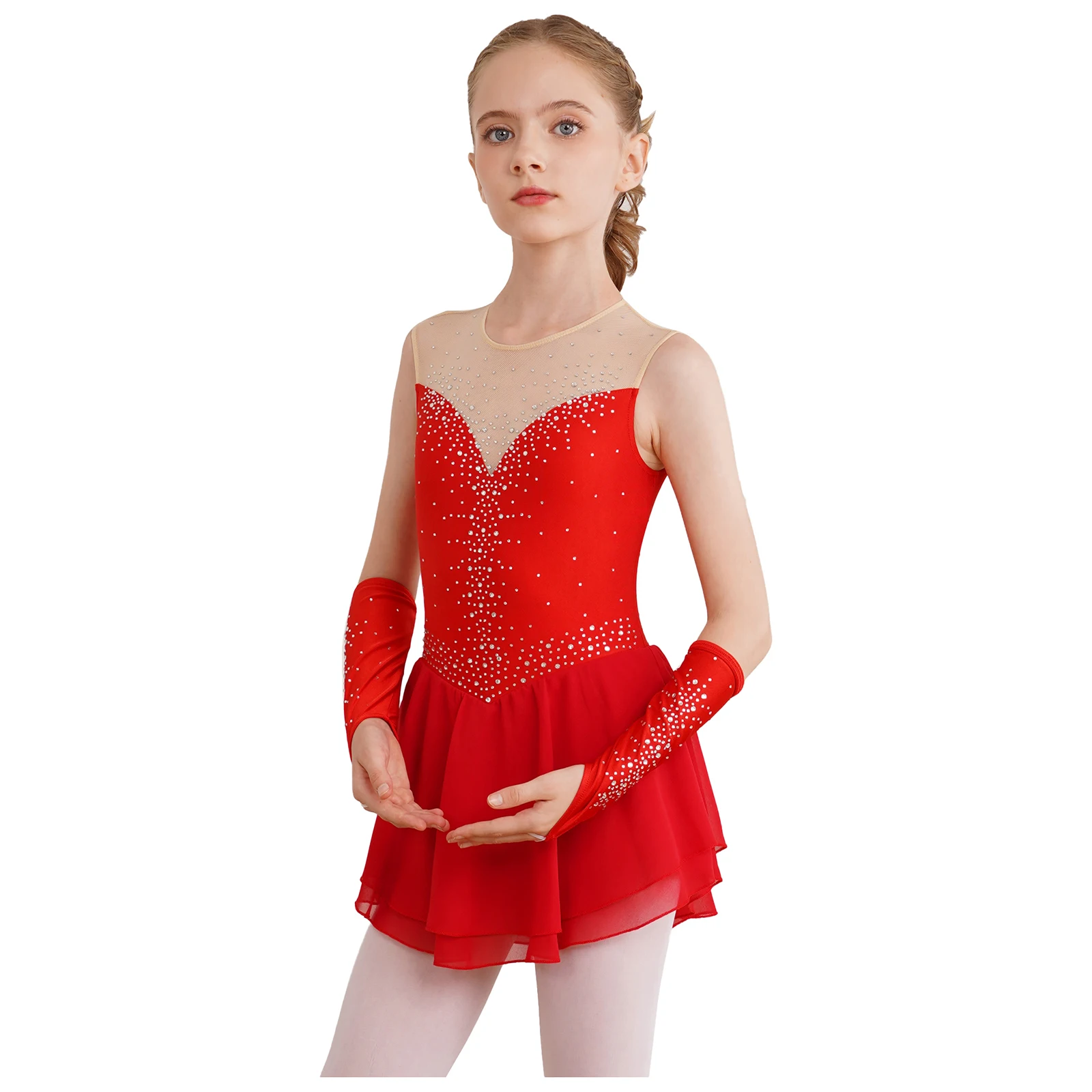 Vestido de patinação artística para meninas, dança lírica, balé, ginástica, collant, tutu, strass, performance de palco, roupa de dança com luvas