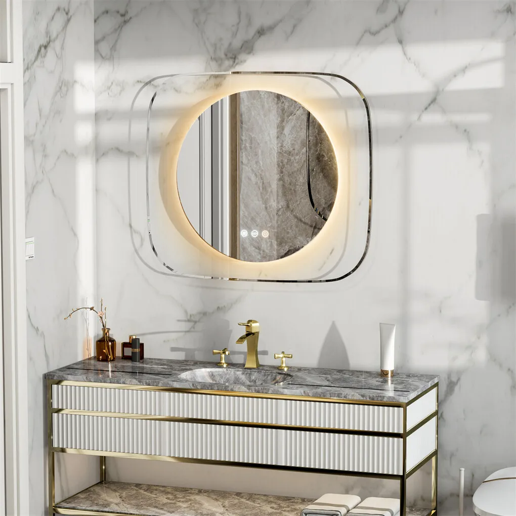 مرآة حمام LED مقاس 80 × 70 سم، مرآة حمام مضاءة فريدة من نوعها مع إضاءة خلفية بحواف زجاجية شفافة، مزيل الضباب، درجة حرارة 3 ألوان