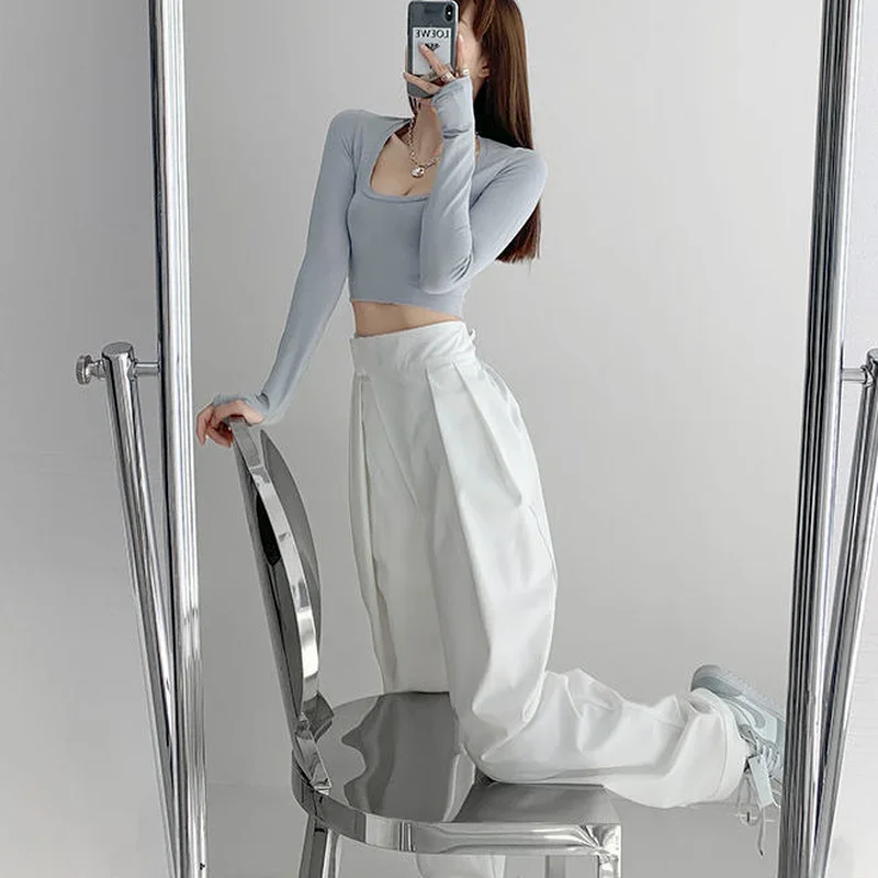 Pants Women Casual Korean Elegant Office-look Daily Pure Color Autumn High Street Retro Wide Leg Trousers Popular Ulzzang Ins