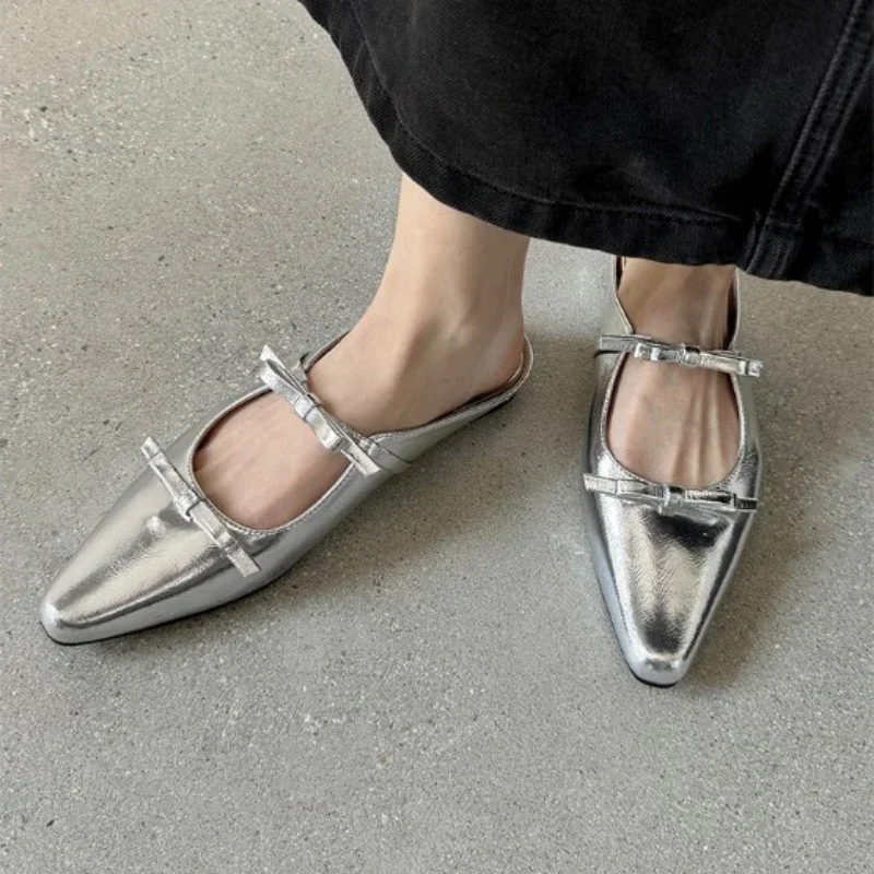 2024 New Luxury Bow Tie Mary Jane Womens Pointed Shiny PU Leather Flat Ballet Shoes Party Dress Womens Slippers Zapatillas Mujer