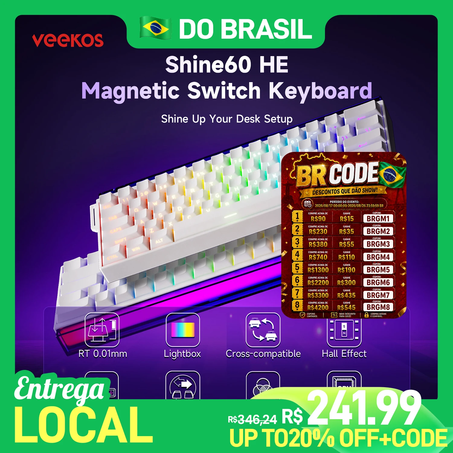 Veekos Shine60 HE Teclado com interruptor magnético 60% AGRB com fio com caixa de luz Gatilho rápido 0,01 mm 8K USB Tipo-C Teclado para jogos com fio