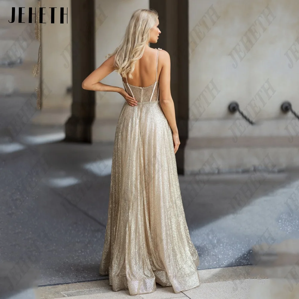 JEHETH Fashion Evening Dresses For Woman Sweetheart Spaghetti Straps Shiny Tulle Prom Gown A-Line Floor Length Vestidos De Noche