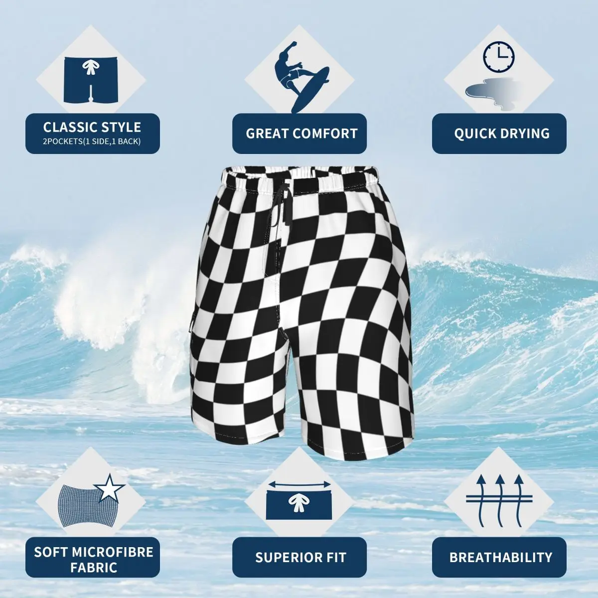 Abstract Checkerboard Board Shorts Black and White Checker Men Classic Board Short Pants Hot Sale Printing Plus Size Swim Trunks