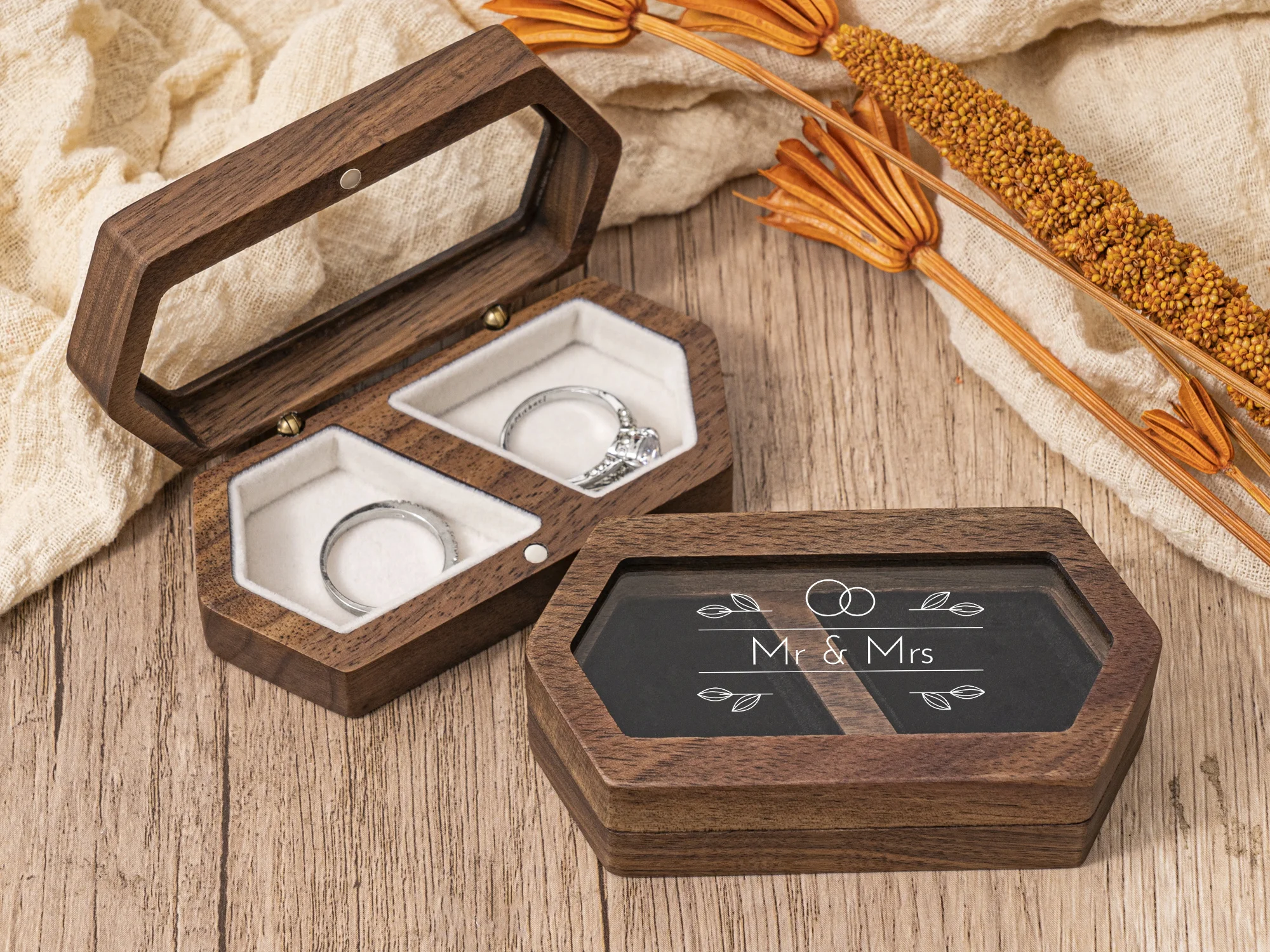 

"Mr & Mrs" Engraved Wooden Ring Box - Double Slot Hexagonal Jewelry Box with Magnetic Closure, Rustic Wedding Proposal Gift