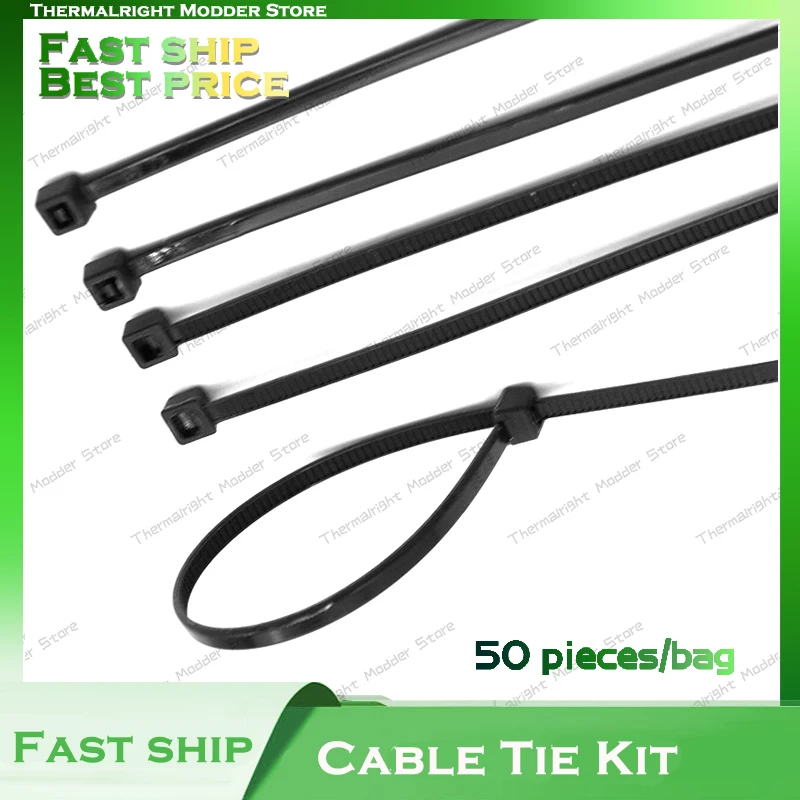 Kit dasi kabel nilon pendingin PC plastik mengunci sendiri 50 buah 3x150mm Set dasi kabel industri cincin pengencang hitam casing komputer