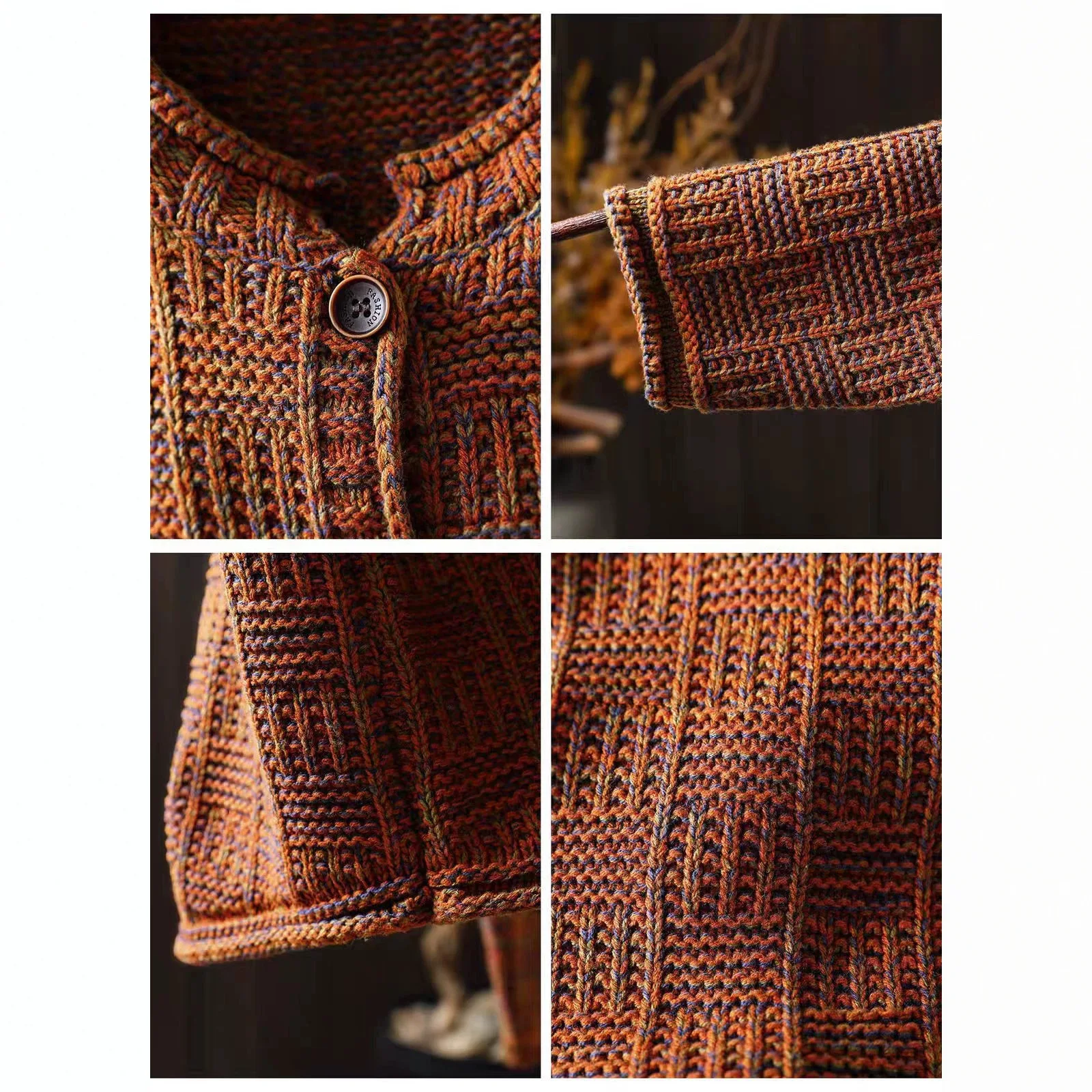 Women Retro Cotton Knit Cardigan Round Neck Single Breast Roll Edge Loose Comfort Versatile Classic Casual Fall Winter Top