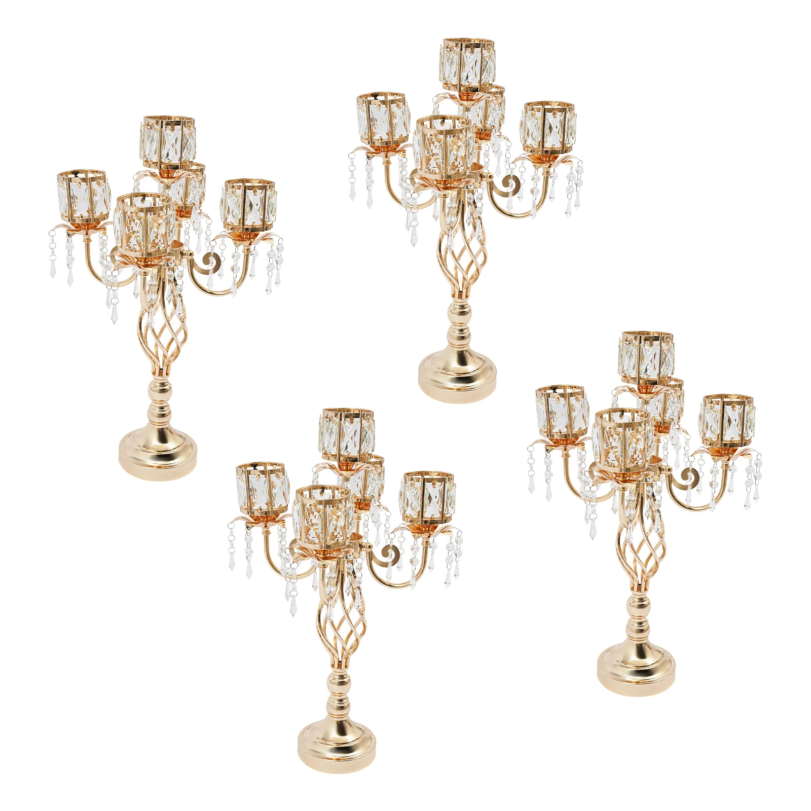 4 Pack 5-Arm Gold Candle Holders With Crystal Details, 23.2in Tabletop Candelabra Stable Round Base For Wedding Banquet Christmas Dining Room Home Decor