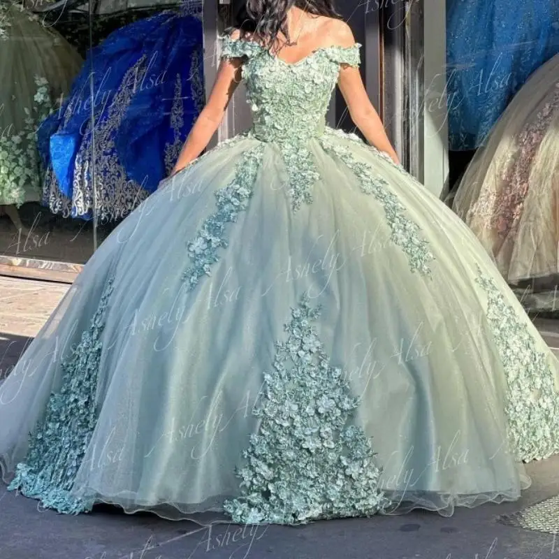 AAQ128 Customized Sage Women Birthday Party Dresses Off Shoulder Lace Applique Bow Ball Gown Prom Dress Sweet 15 Quinceanera