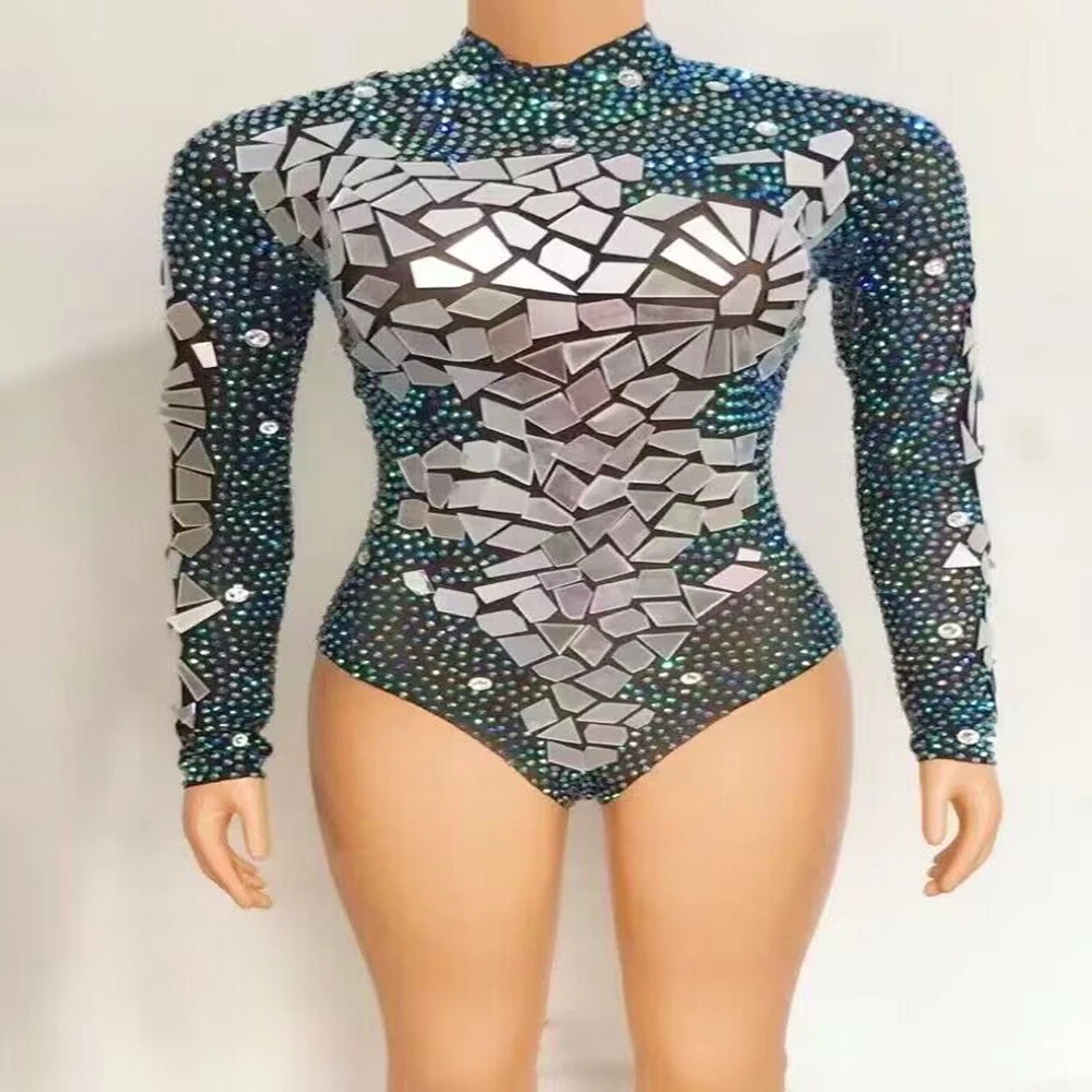 

Sequins Mirror Rhinestone Bodysuits For Women Long Sleeve Leotard Dance Costume Singer Stage Wear Drag Queen Outfit