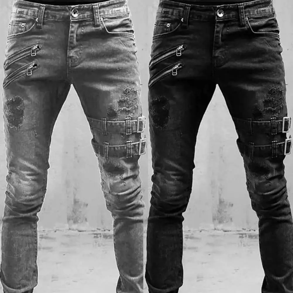 Men Simple Solid Holes High Street Stretch Skinny Jeans Pants Male Distressed Slim Pencil Jogging Denim Trousers